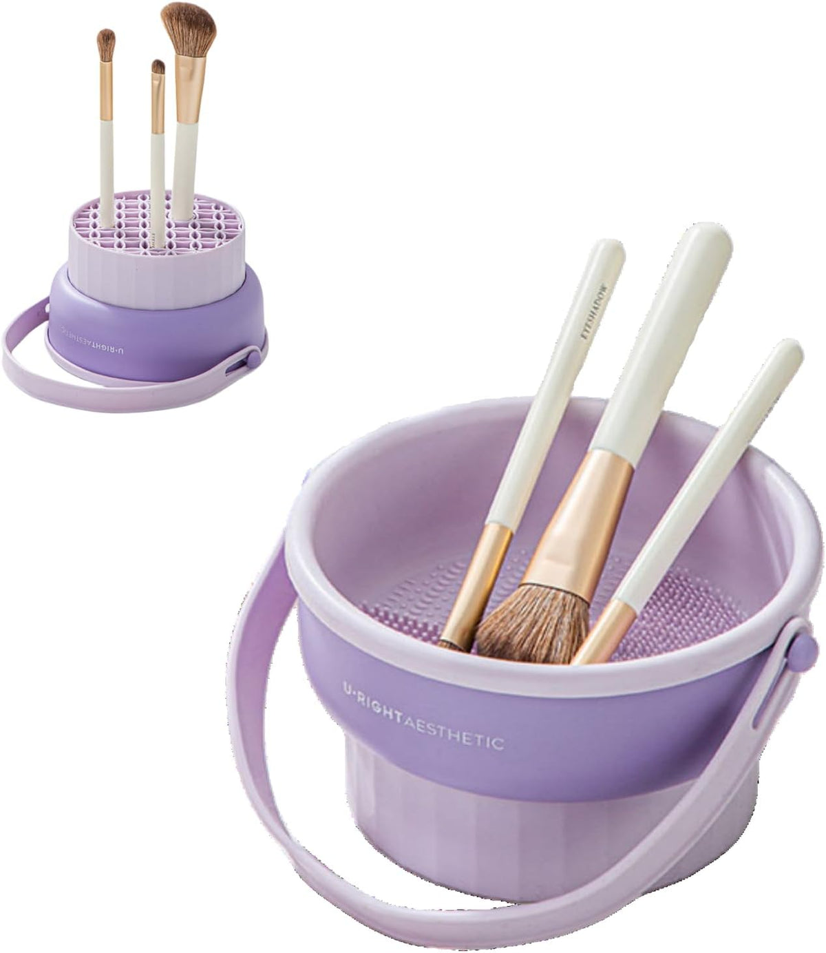 Makeup brush cleaning bowl in purple