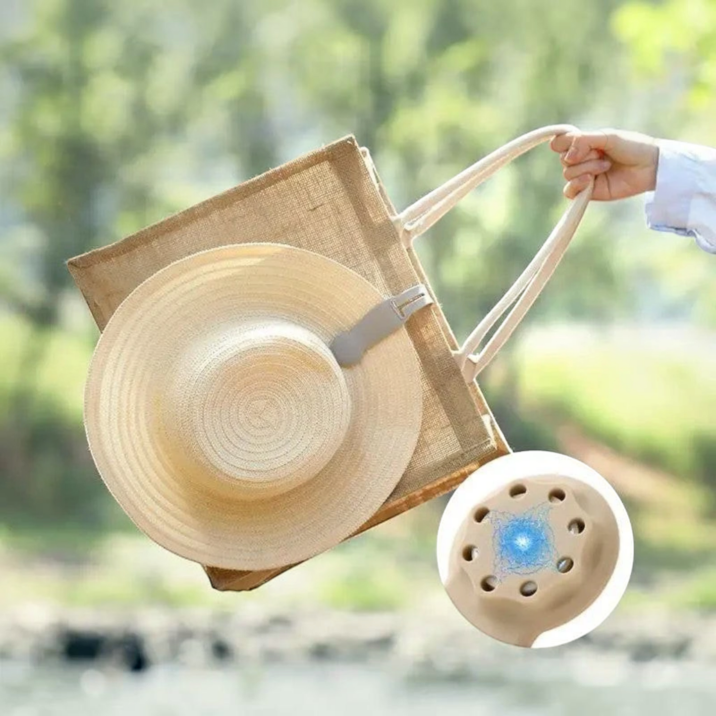 Waf Store Lebanon beige magnetic hat clip attached to a straw hat on a jute bag for hands-free carrying