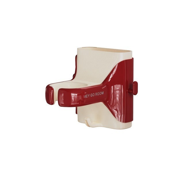 Waf Store Lebanon wall-mounted hair dryer holder in red and cream plastic with a built-in storage shelf and hook.