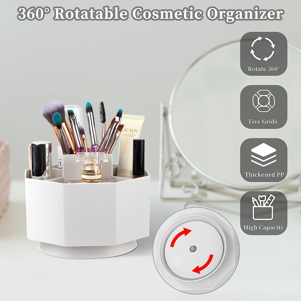 Rotating cosmetic organizer for makeup brushes and lipsticks