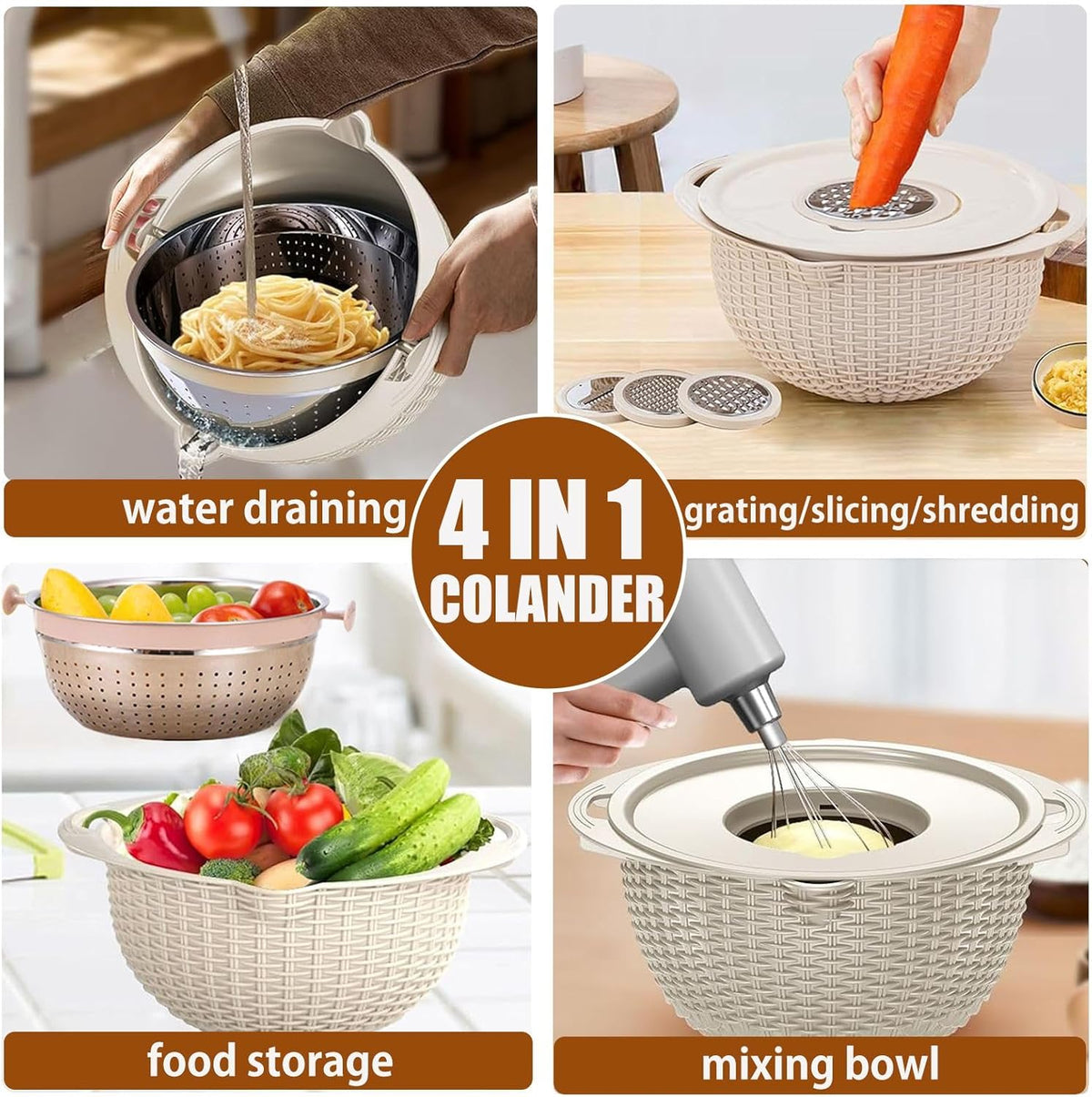 4-in-1 colander and mixing bowl set with stainless steel strainer