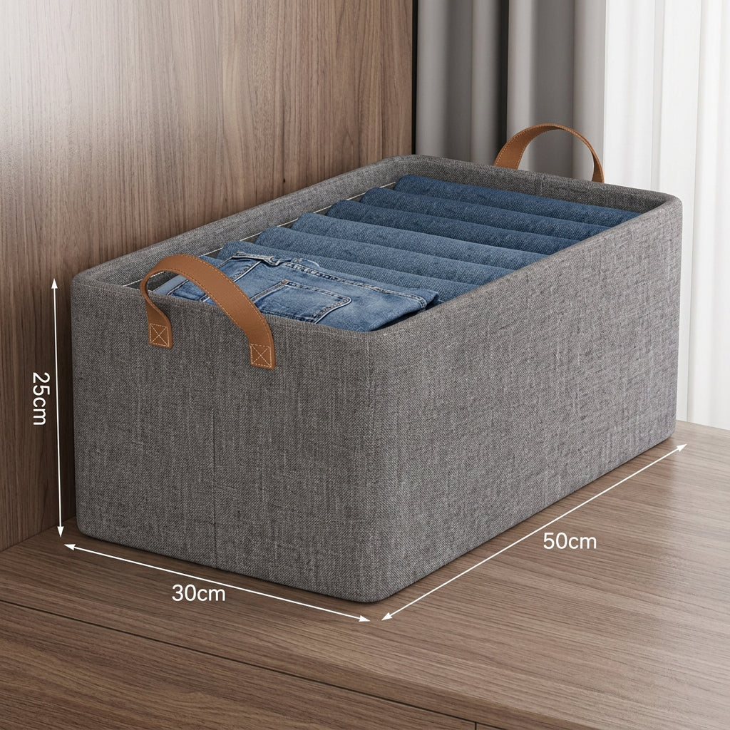 Gray fabric storage organizer box with brown handles, shown on a bed with dimension labels and a small inset showing a close-up of the fabric texture.