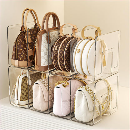 Acrylic handbag organizer with clear shelf dividers keeping purses upright in a closet