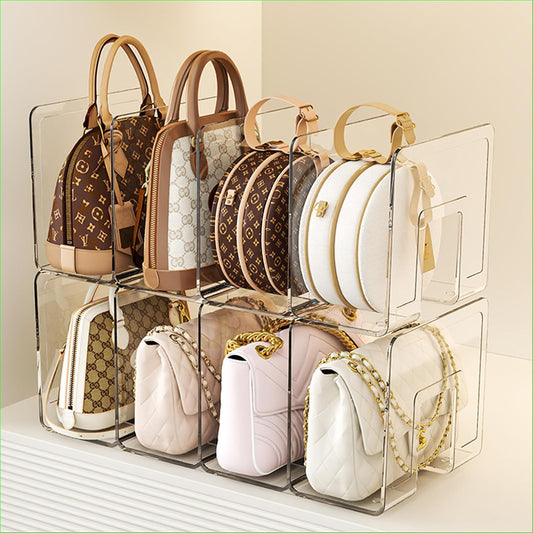Acrylic handbag organizer with clear shelf dividers keeping purses upright in a closet