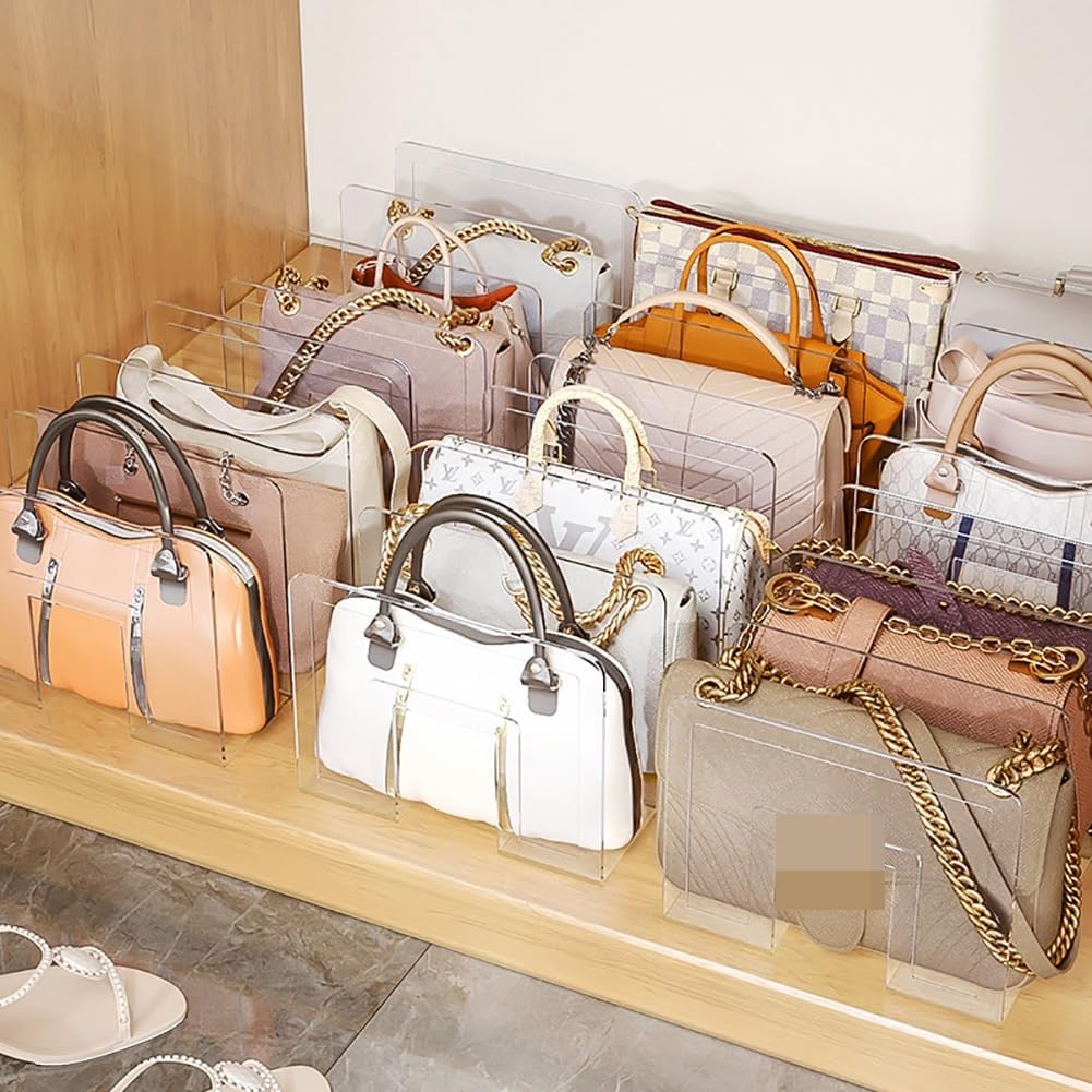 Clear acrylic handbag organizer for wood, wire and glass closet shelves