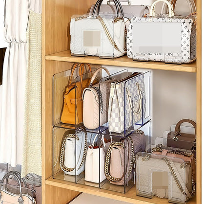 Acrylic organizer keeping wallets, clutches and small bags standing upright