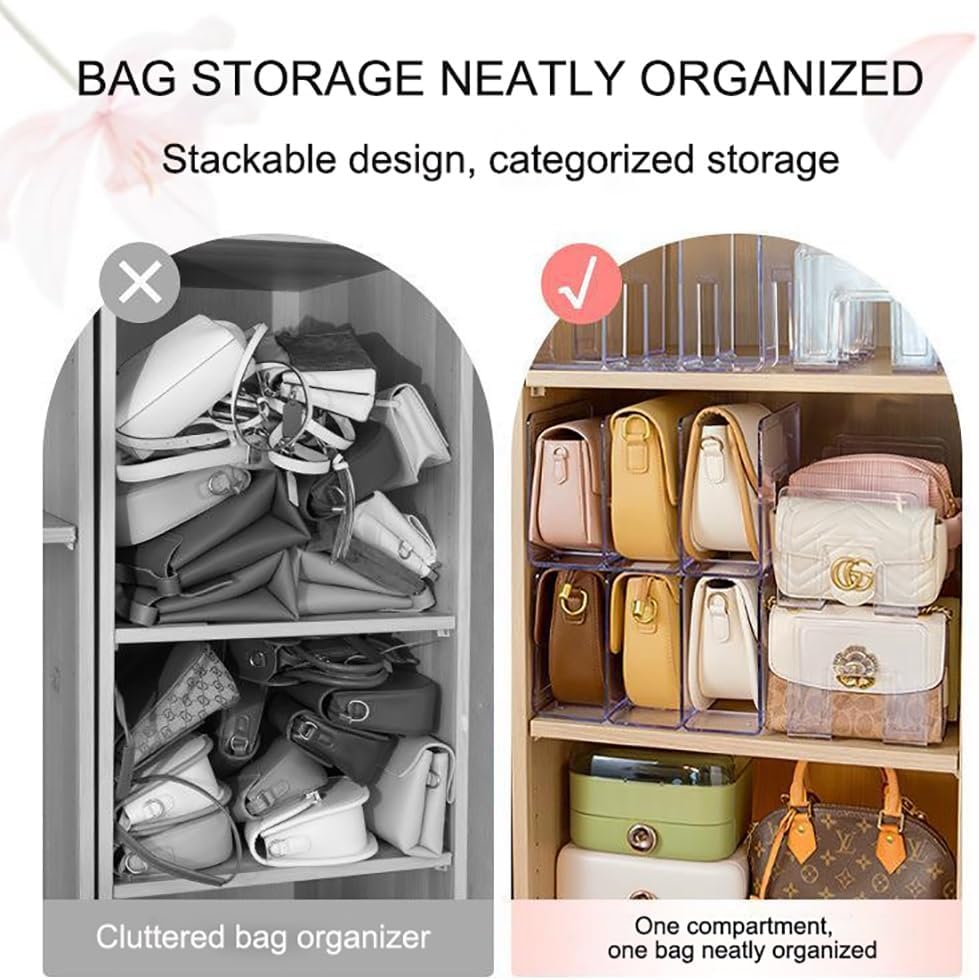 Clear acrylic purse organizer for closet shelves that keeps handbags in good shape