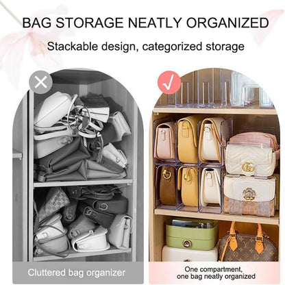 Clear acrylic purse organizer for closet shelves that keeps handbags in good shape