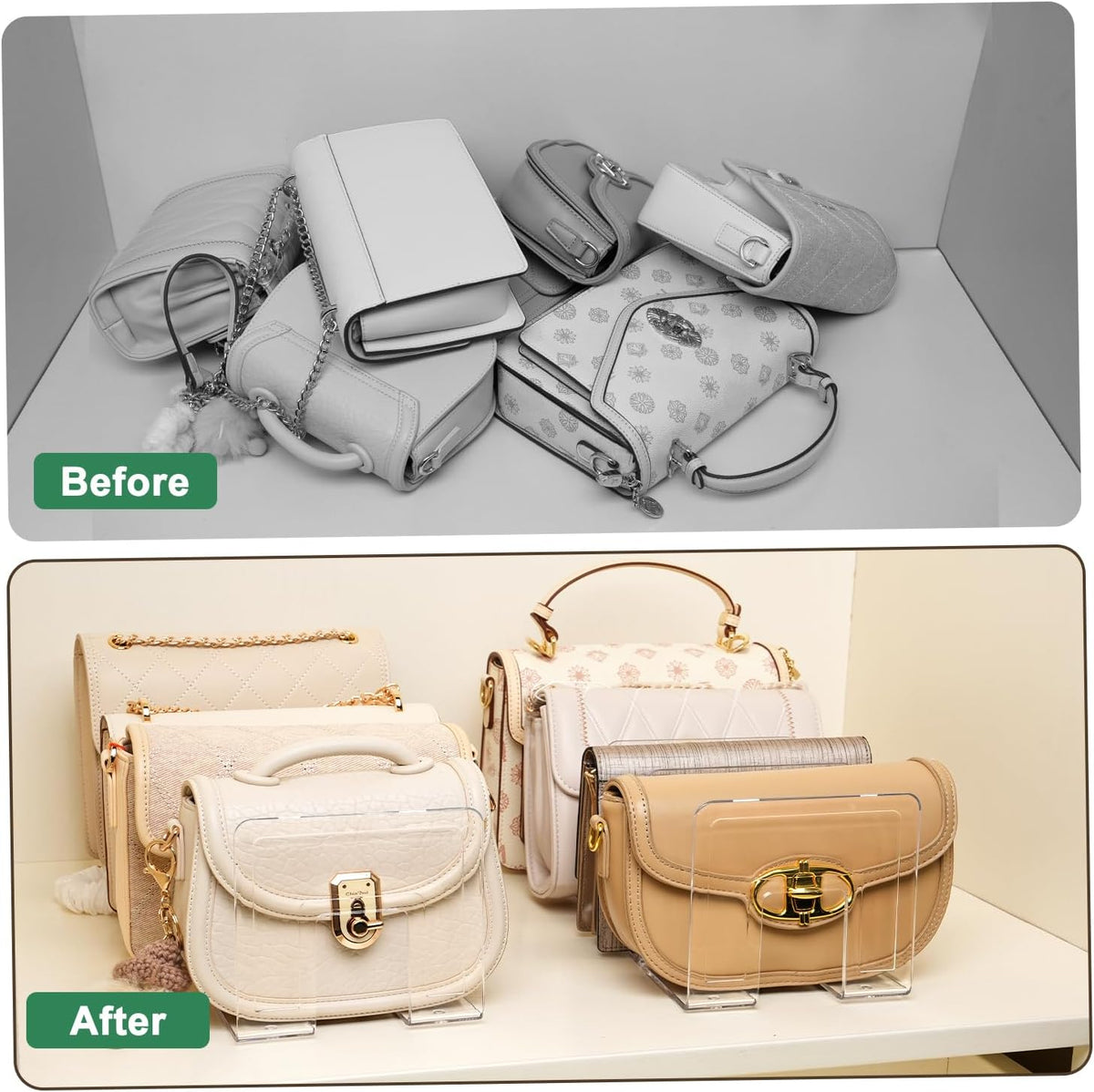Acrylic shelf dividers separating purses, clutches and wallets on a shelf