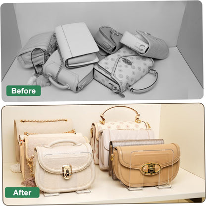 Acrylic shelf dividers separating purses, clutches and wallets on a shelf