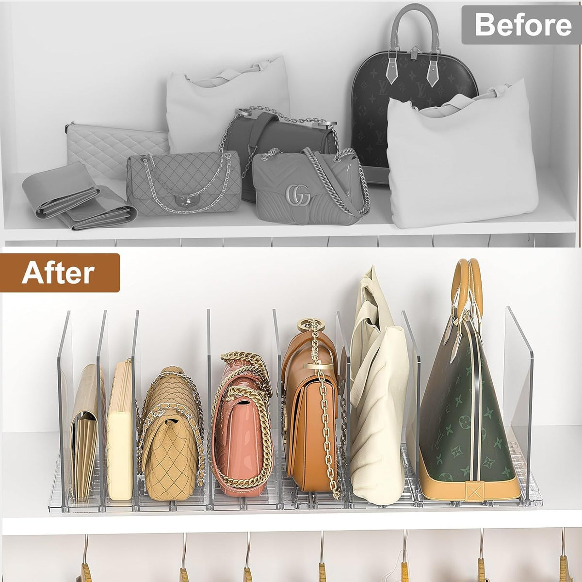 Acrylic handbag storage organizer keeping purses standing neatly side by side