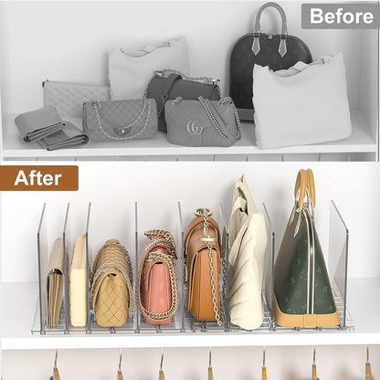 Acrylic handbag storage organizer keeping purses standing neatly side by side