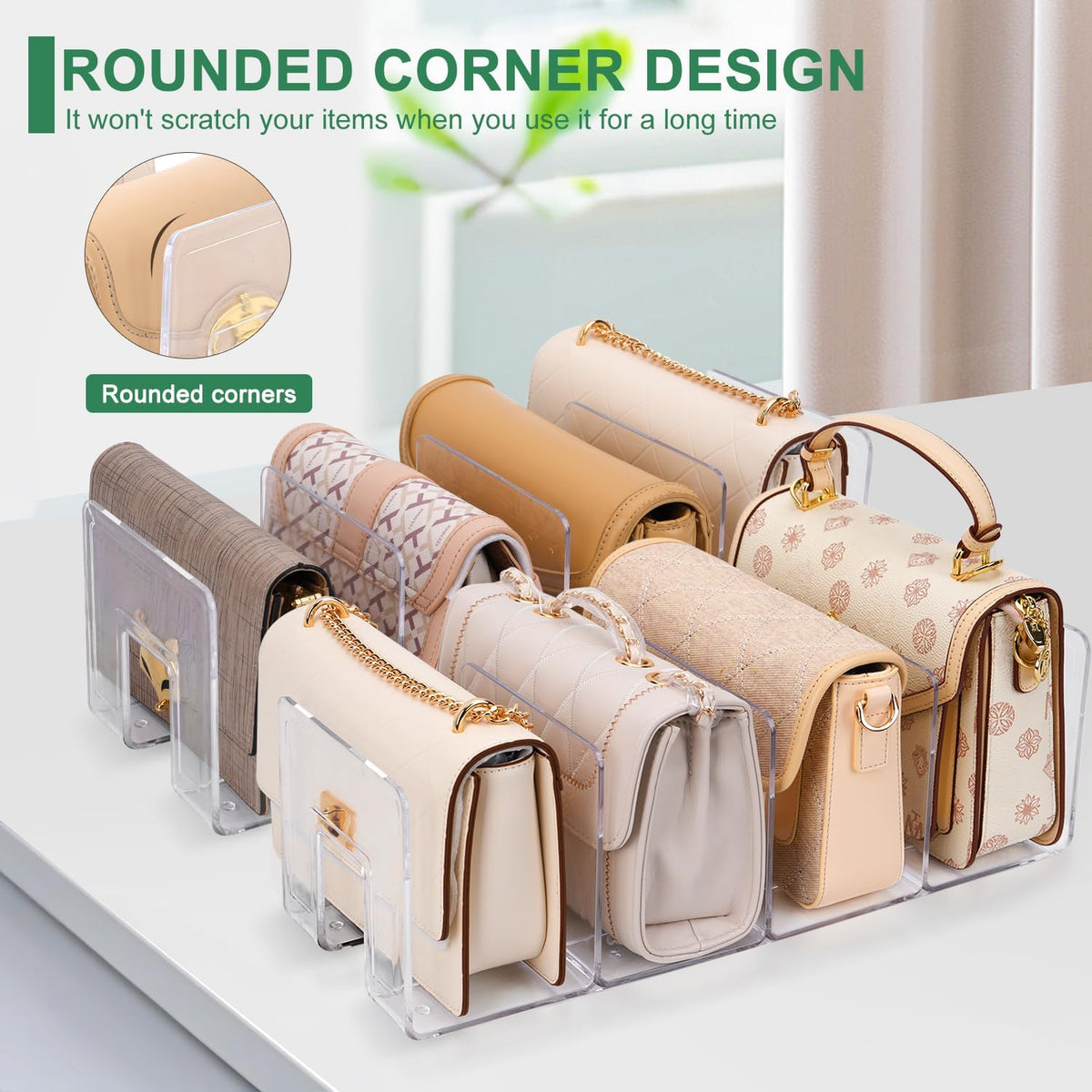 Clear acrylic purse divider for cabinets and wardrobes