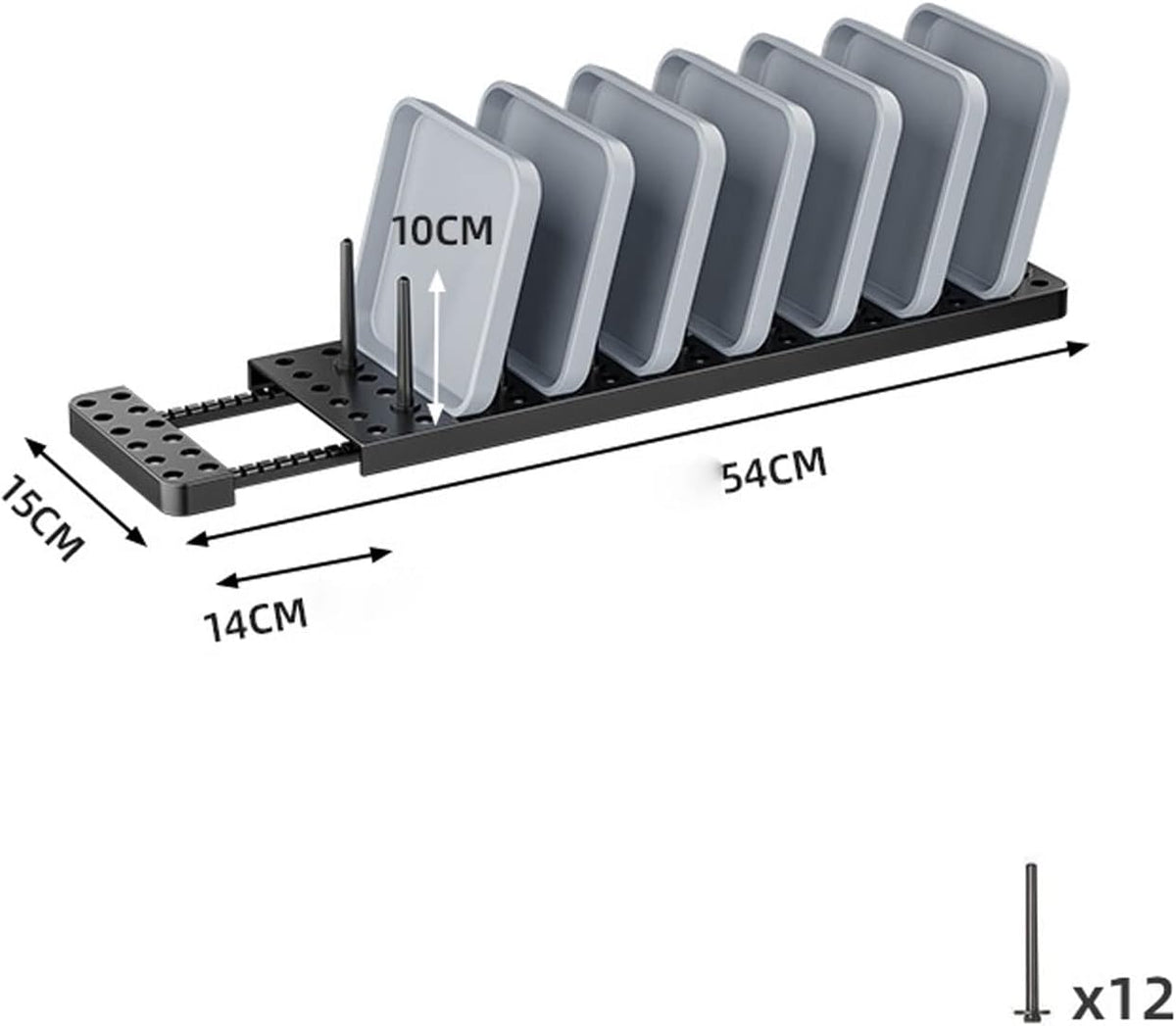 Adjustable drawer plate rack, 1 rack with 12 pillars