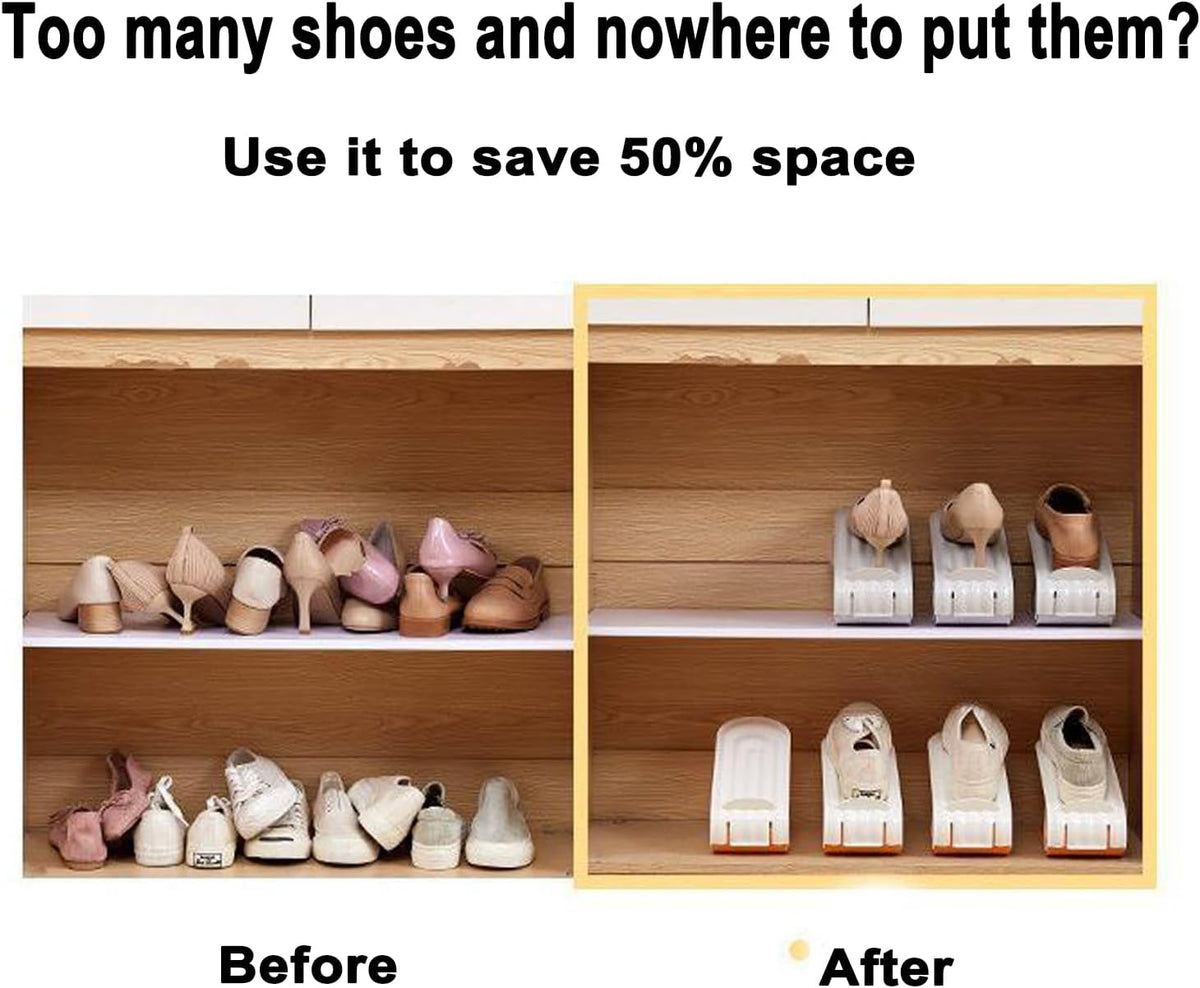 Adjustable shoe rack that stores two shoes in the space of one