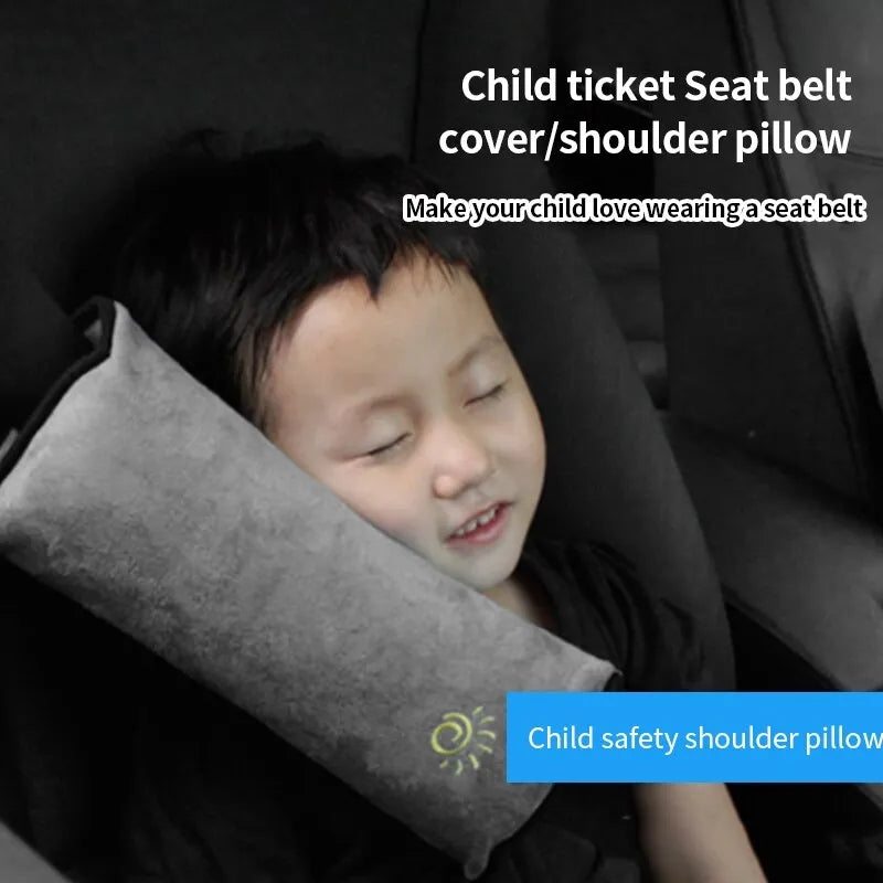 Car seat belt pillow that supports a child's head and neck