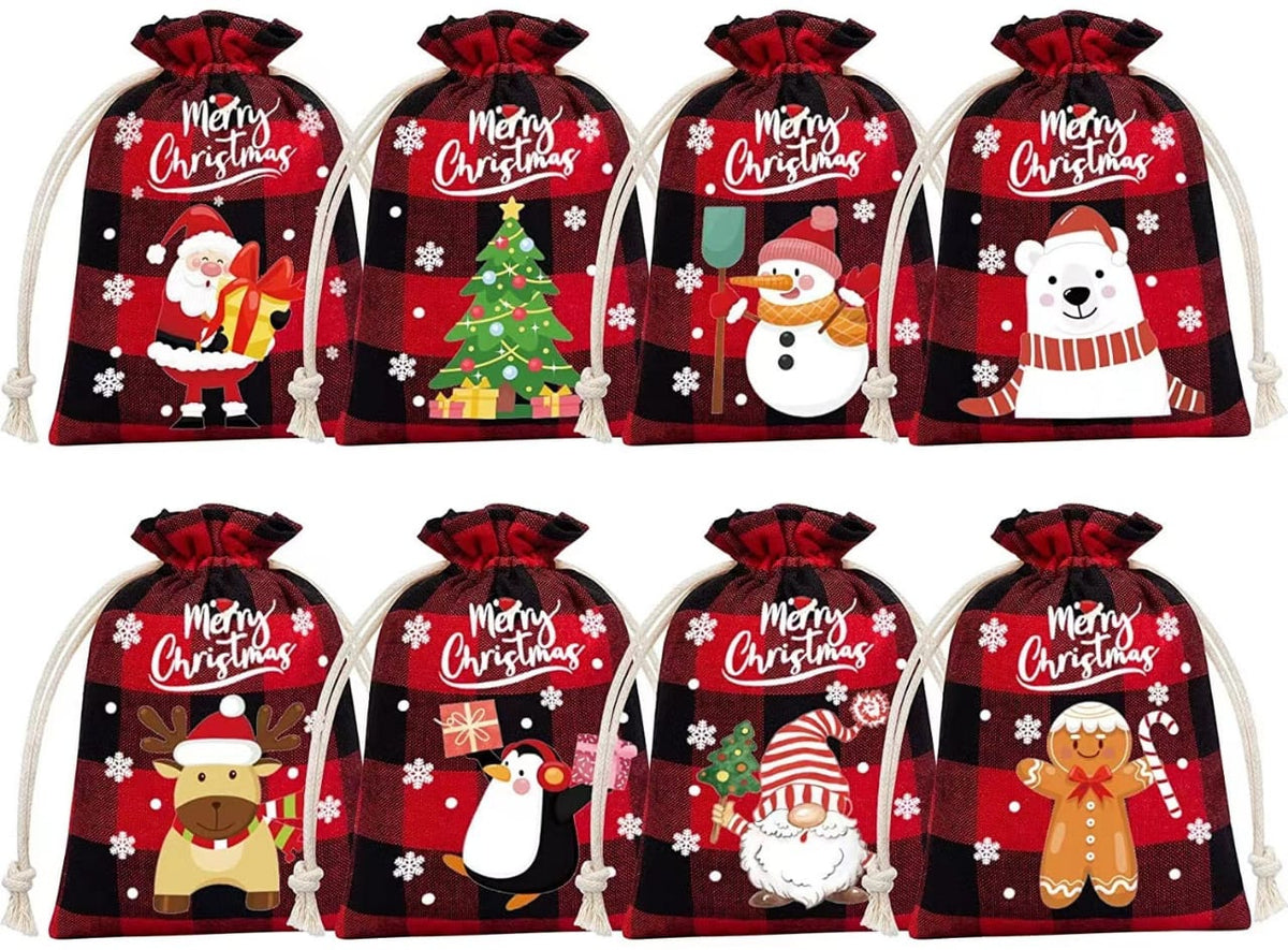 Christmas drawstring bags in Santa, tree, snowman, penguin, gingerbread and reindeer designs