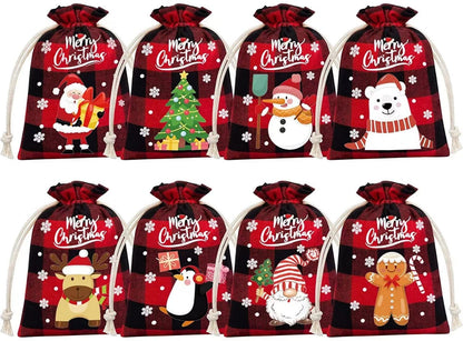 Christmas drawstring bags in Santa, tree, snowman, penguin, gingerbread and reindeer designs