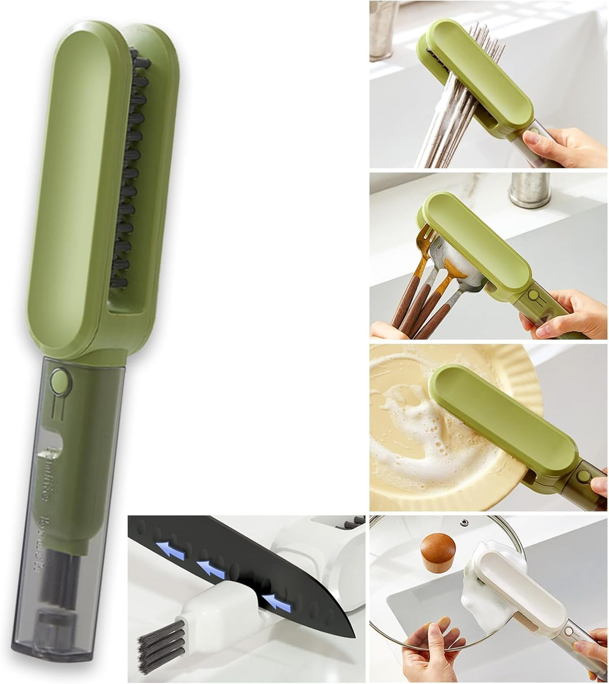 Multifunctional cutlery cleaning brush in green