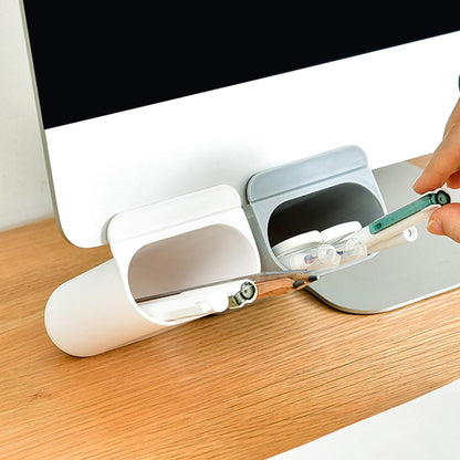 Adhesive desk pen holder box for flat surfaces