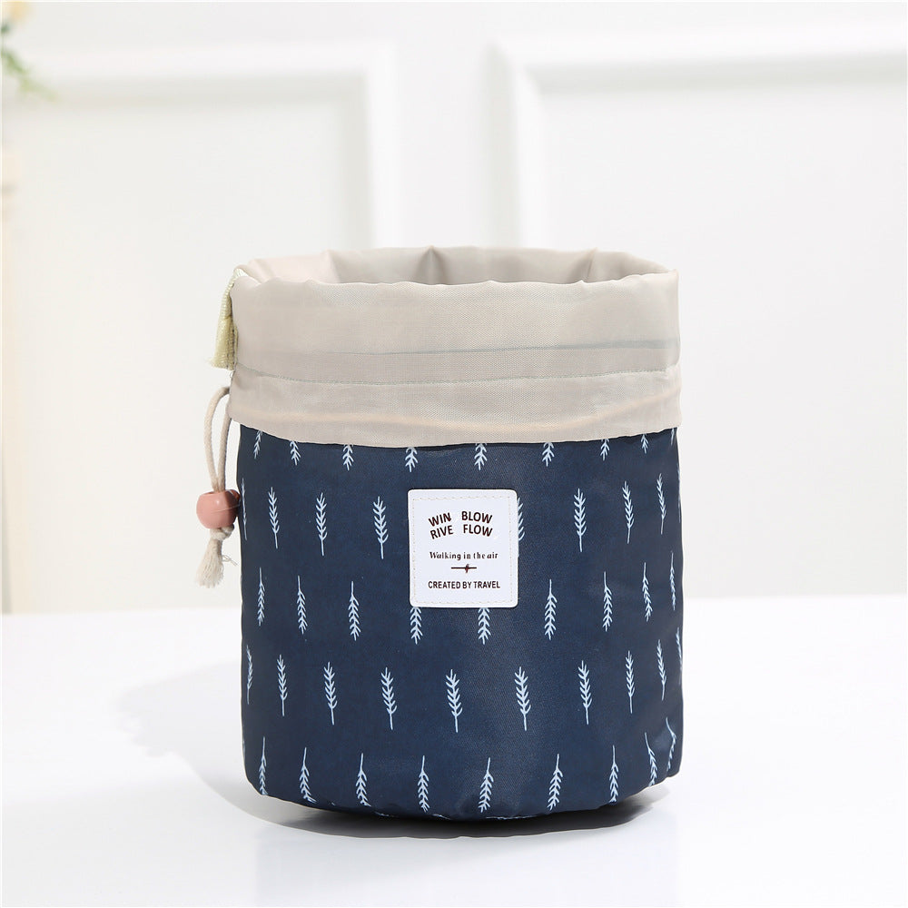 Drawstring makeup and toiletries bag, blue and white leaves