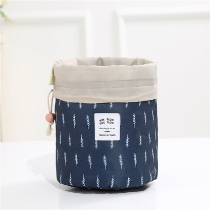 Drawstring makeup and toiletries bag, blue and white leaves