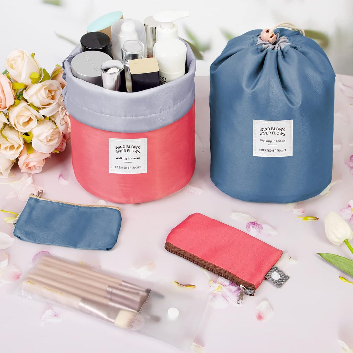Drawstring cosmetic bag for makeup brushes and products