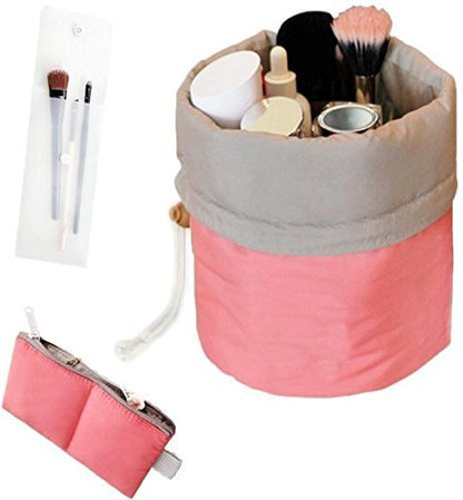 Drawstring makeup and toiletries bag in fuchsia
