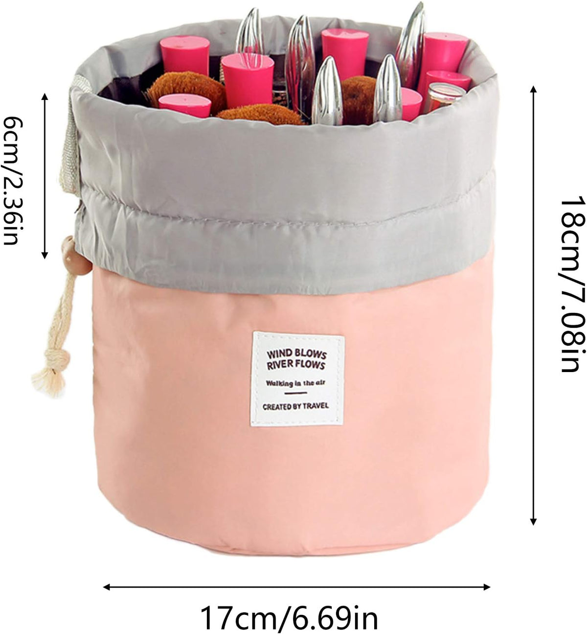 Drawstring makeup and toiletries bag in light orange