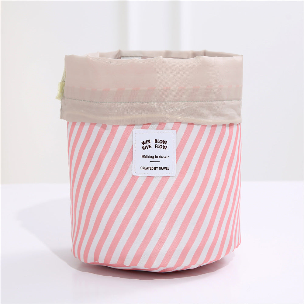 Drawstring makeup and toiletries bag, pink and white stripes