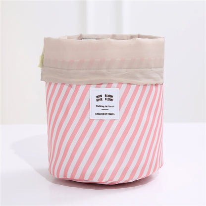 Drawstring makeup and toiletries bag, pink and white stripes