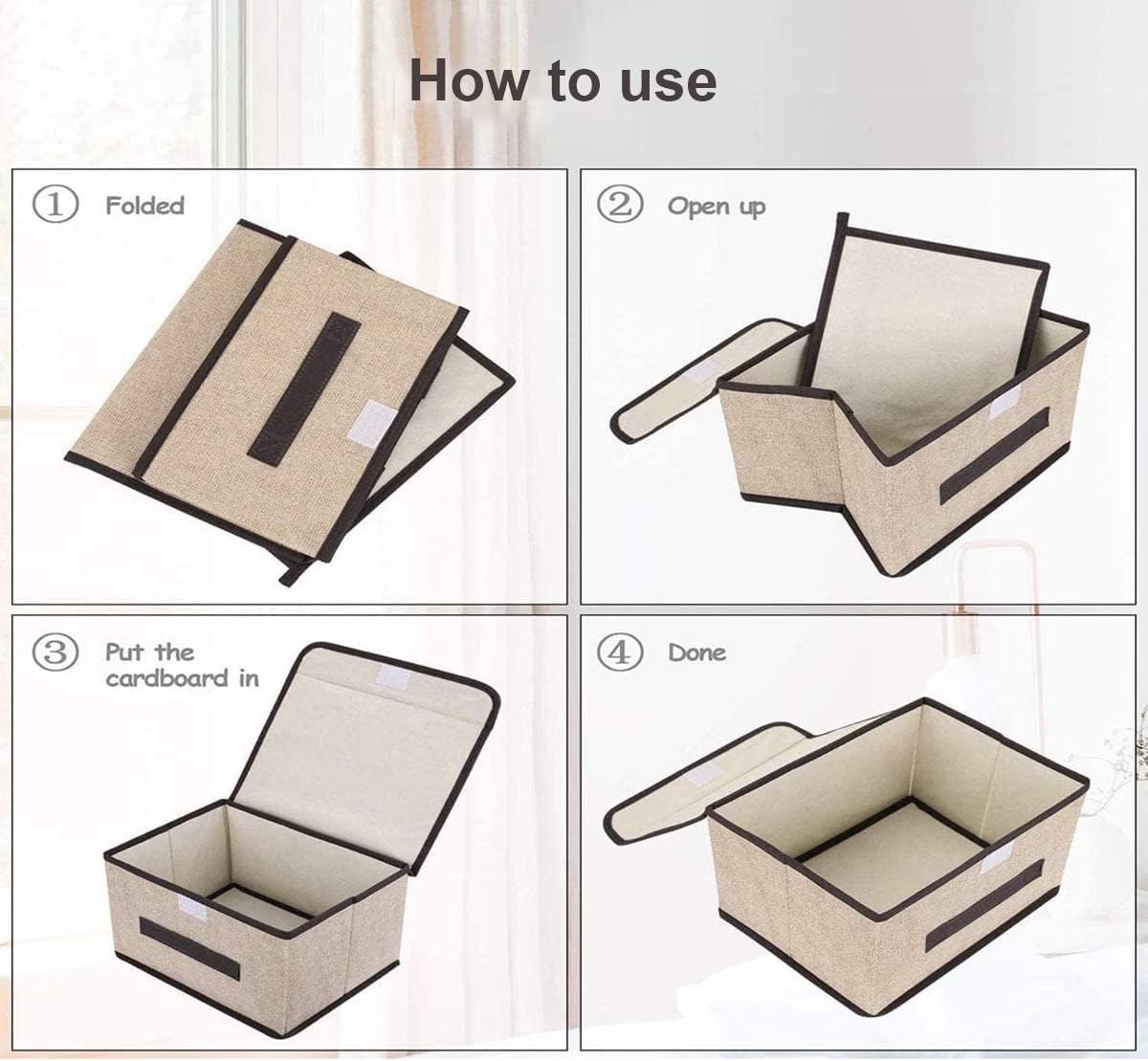 Fabric storage box with sturdy cardboard that is easy to assemble