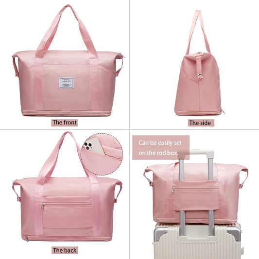 Foldable large capacity duffel bag in pink, water-resistant vegan leather