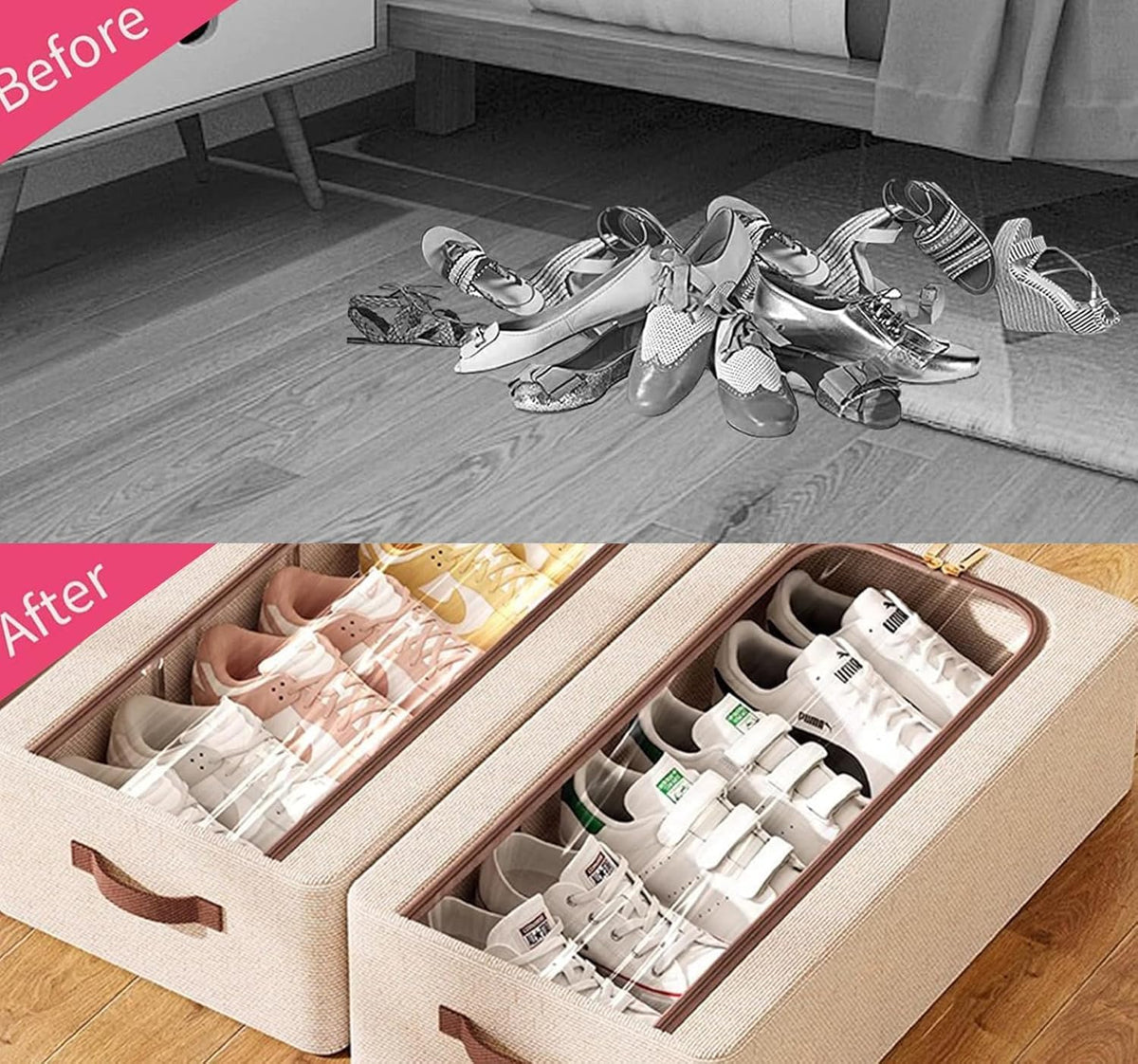 Shoes before and after organizing with storage boxes