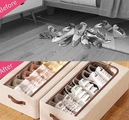 Shoes before and after organizing with storage boxes