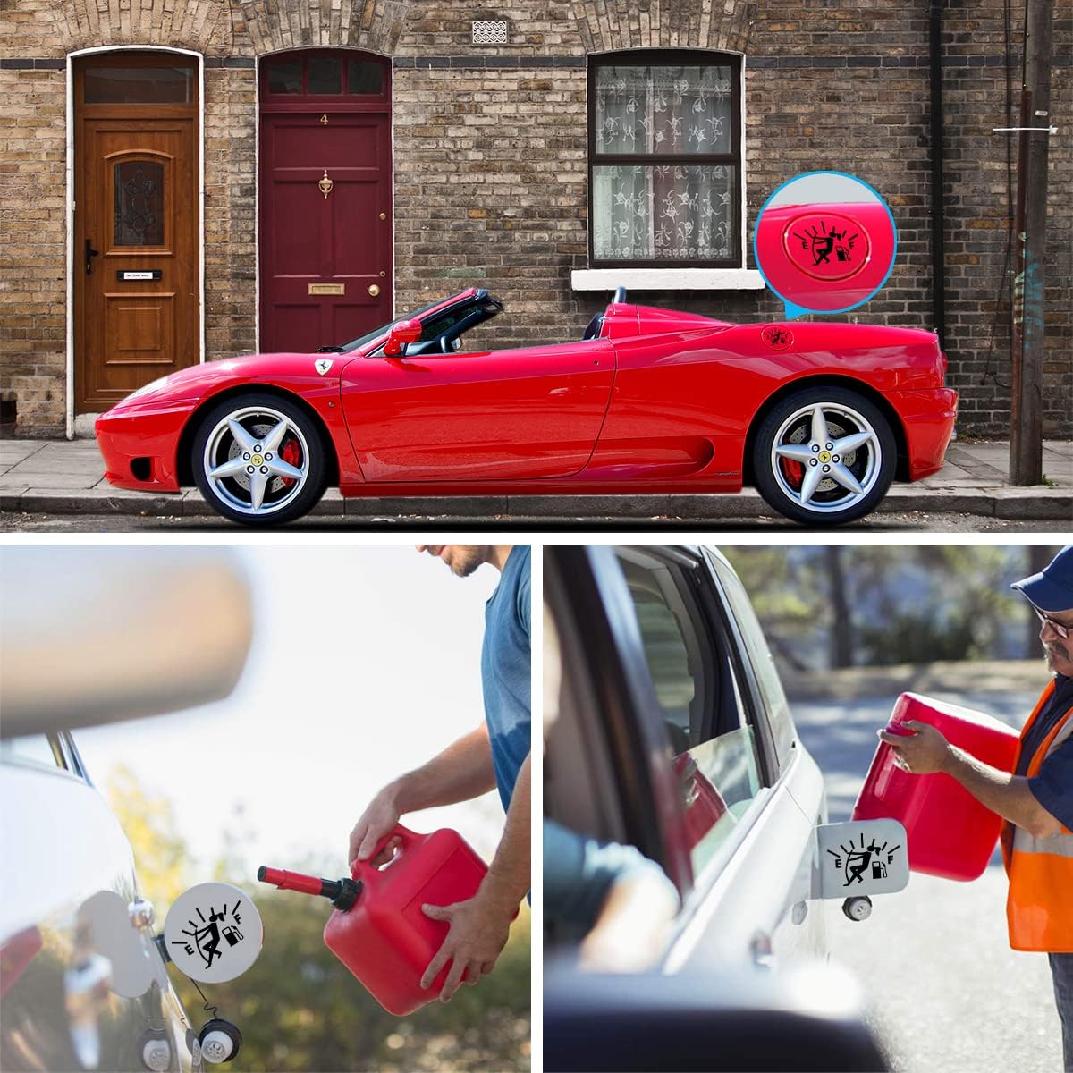 Humorous car sticker for the fuel cap