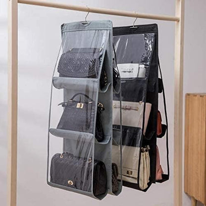 Hanging handbag organizer with transparent PVC pockets