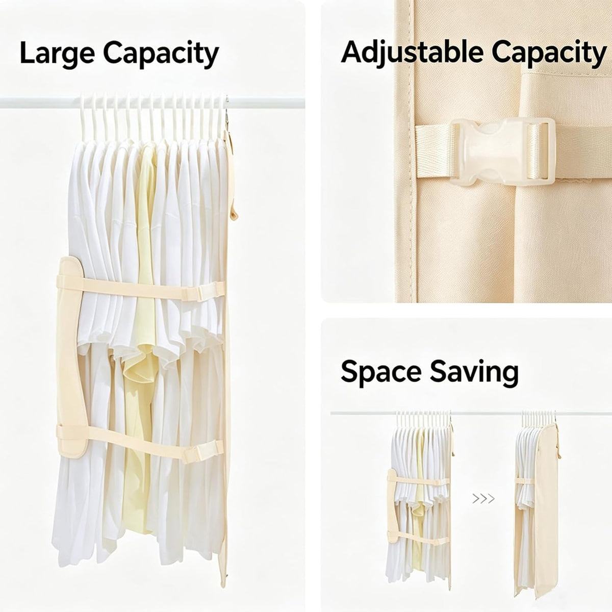 Hanging clothes compression organizer with adjustable straps holding many shirts and saving rail space