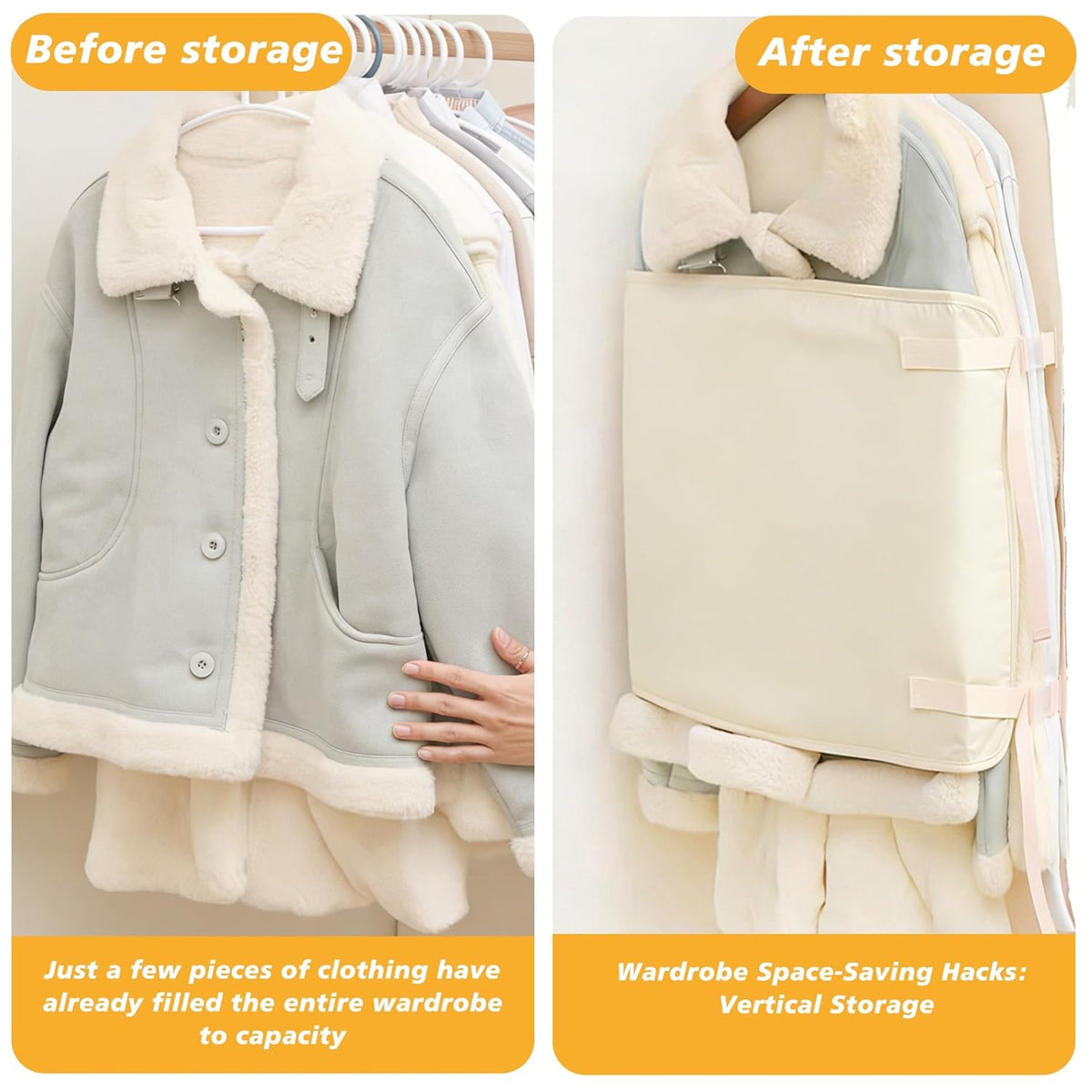Hanging clothes compression organizer before and after, turning bulky coats into one slim vertical bundle
