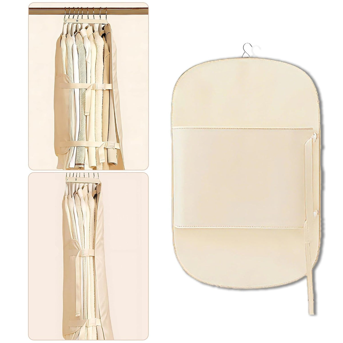 Hanging clothes compression organizer in beige, shown empty and holding a row of hanging clothes