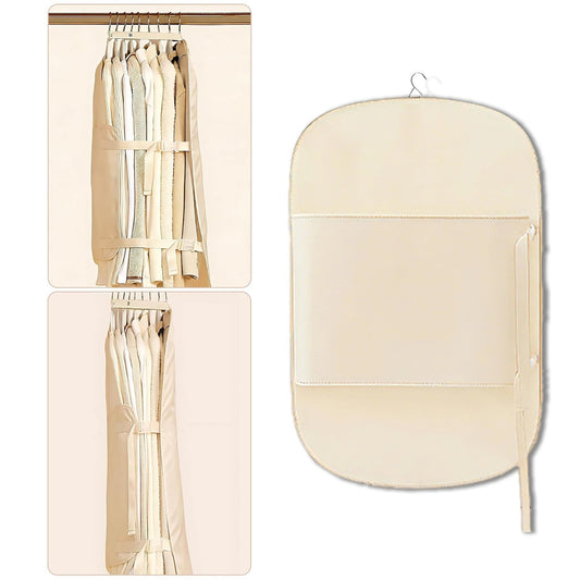 Hanging clothes compression organizer in beige, shown empty and holding a row of hanging clothes