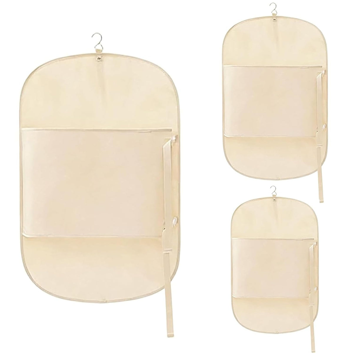 Hanging clothes compression organizer in beige, large, medium and small sizes