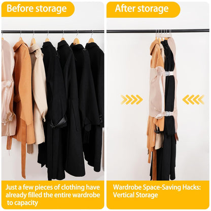 Hanging clothes compression organizer before and after, compressing a full rail of dark coats