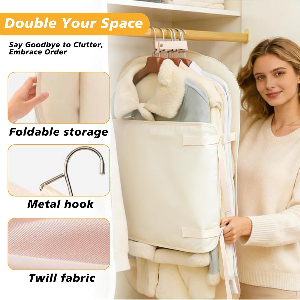 Hanging clothes compression organizer with coats inside, showing its foldable design, metal hook and twill fabric