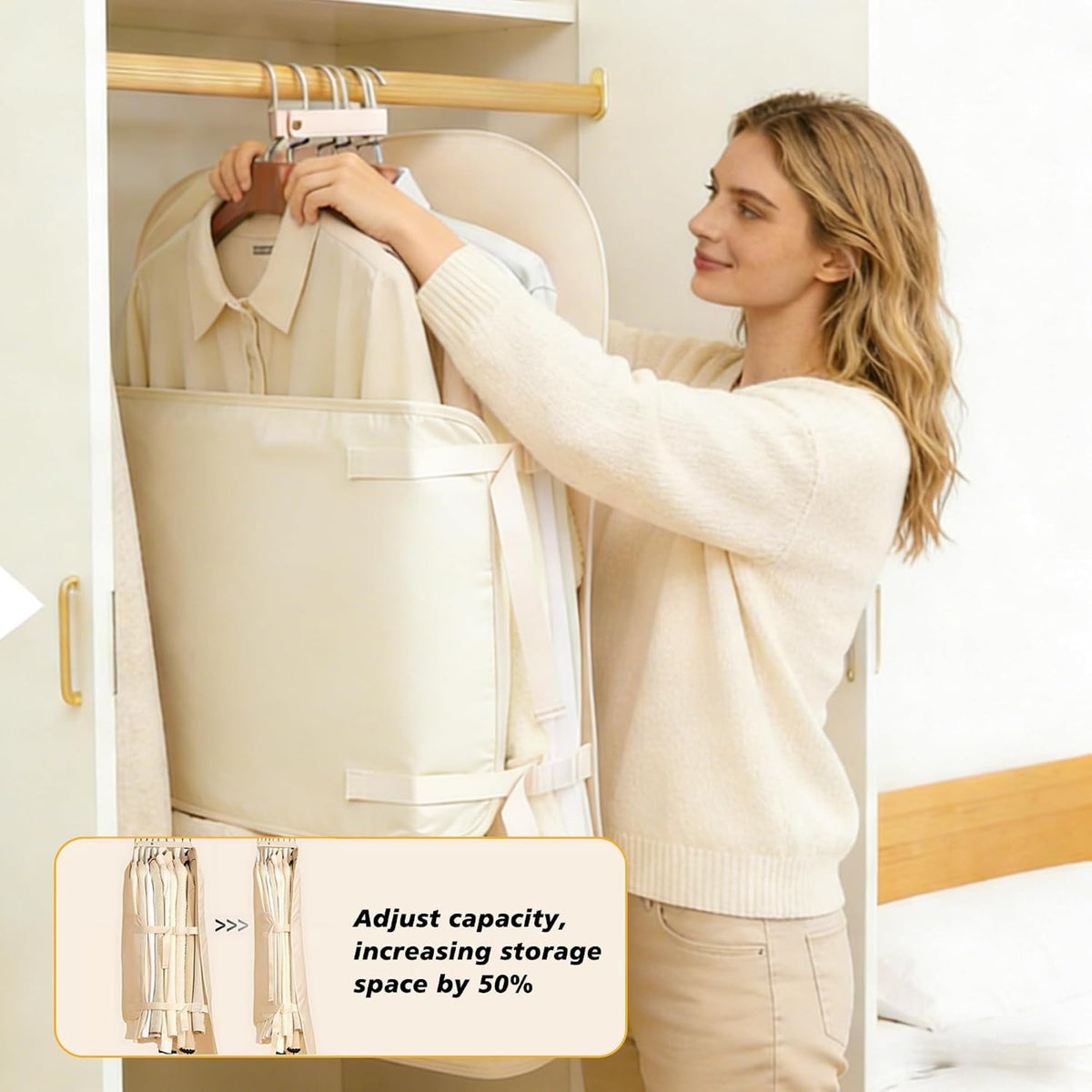 Hanging clothes compression organizer filled with coats being hung in a wardrobe by a woman