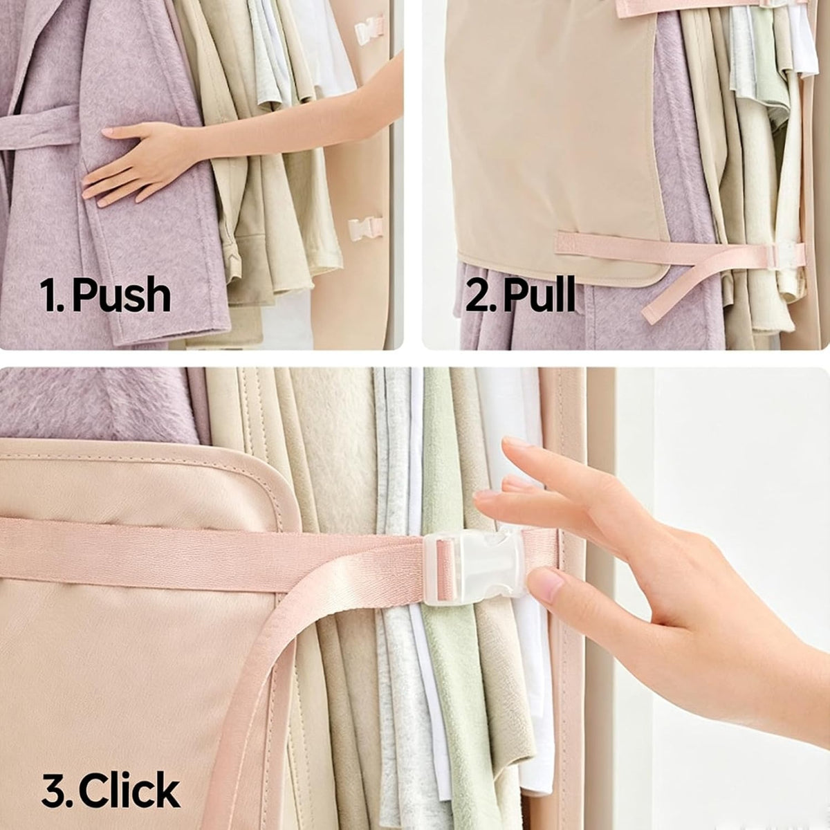 Hanging clothes compression organizer in three steps: push the clothes, pull the strap and click the buckle