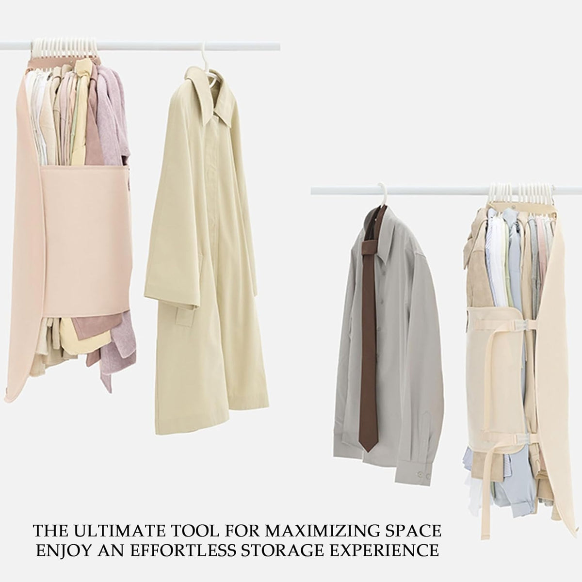 Hanging clothes compression organizers in pink and beige storing coats and shirts on a rail