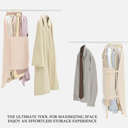 Hanging clothes compression organizers in pink and beige storing coats and shirts on a rail