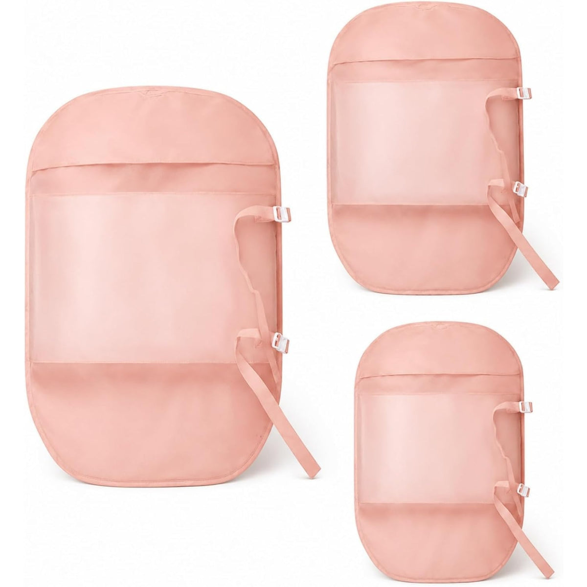 Hanging clothes compression organizer in pink, large, medium and small sizes