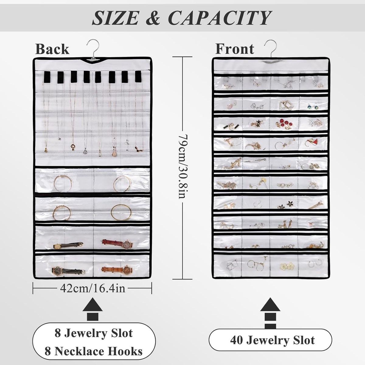 Hanging jewelry organizer with transparent PVC pockets